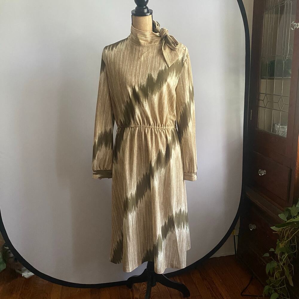 Vintage 70s Abstract Midi Dress High Neck Side Bow Olive Taupe M - Picture 3 of 17